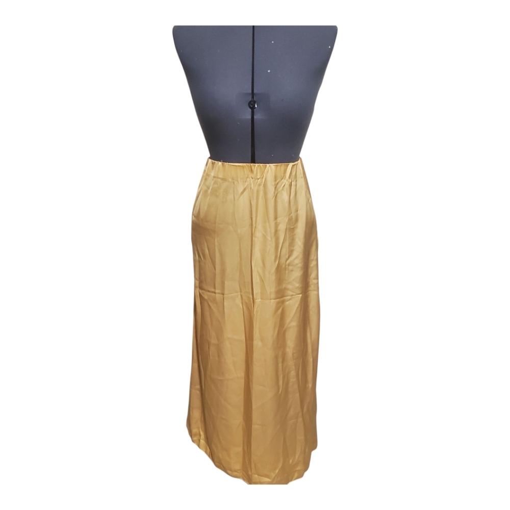 Womens Yellow Satin Midi Slip Skirt | Elastic Waist | Flowy  Size Large